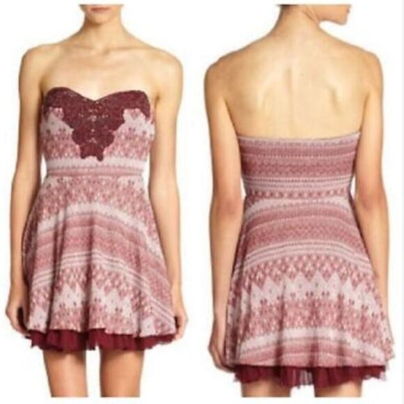Free People Women's Mini Strapless Dress Embellished Red Aztec Size Small - Picture 2 of 9